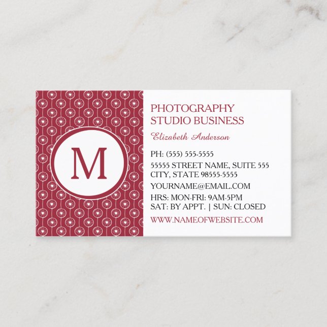 Stilvolle Monogram-Fotografen aus Rot und Weiß Her Visitenkarte (Vorderseite)