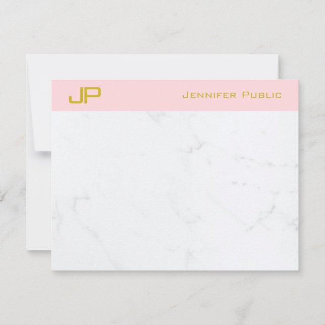 Stilvolle Monogram Gold Blush Pink White Marble Ch Mitteilungskarte (Vorderseite)
