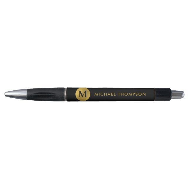 Stilvolle Monogram Moderne Elegante Black Gold Kugelschreiber (Vorderseite)