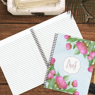 Stilvolle Monogram Pink Botanical Peonies Elegant Notizbuch