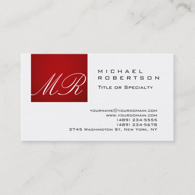 Stilvolle Monogram Script White Red Business Card Visitenkarte (Vorderseite)