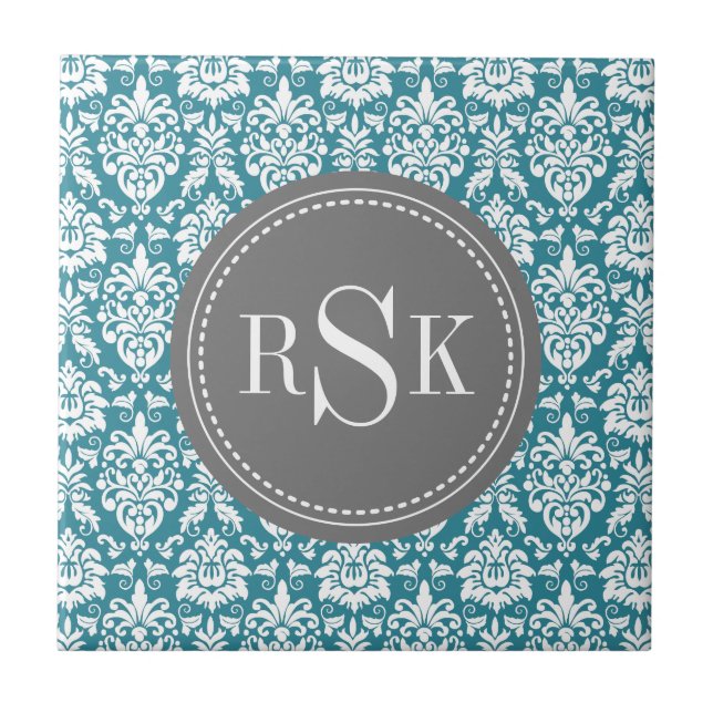 Stilvolle Monogram Trio Aquamarin Damask Fliese (Vorderseite)