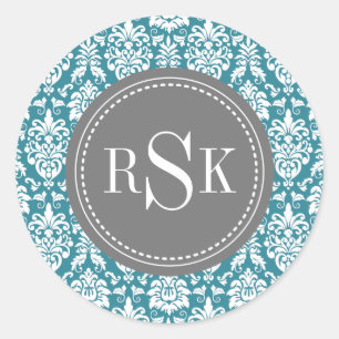 Stilvolle Monogram Trio Aquamarin Damask Runder Aufkleber