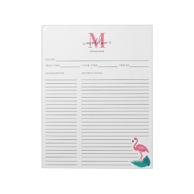 Stilvolle Monogram Tropical Pink Flamingo Rezept Notizblock (Rotiert)