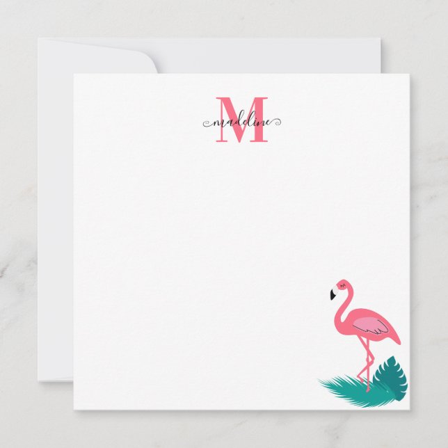 Stilvolle Monogram Tropical Pink Flamingo Square Mitteilungskarte (Vorderseite)