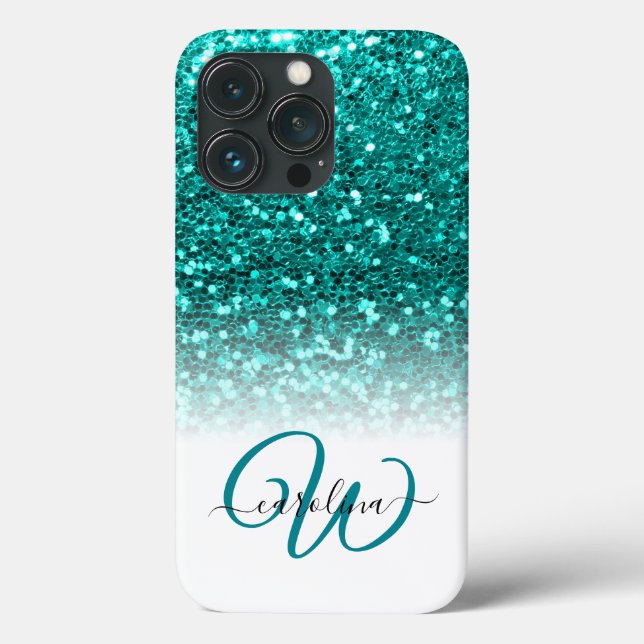 Stilvolle Monogramm-Aqua-Glitzer Case-Mate iPhone Hülle (Rückseite)