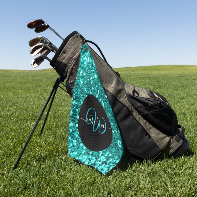 Stilvolle Monogramm Aqua Glitzer Name schwarz Golfhandtuch (Gras)