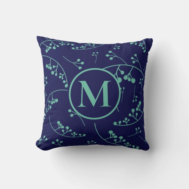Stilvolle monogramm aquamarin-grüne Blaubeere Kissen (Vorderseite)