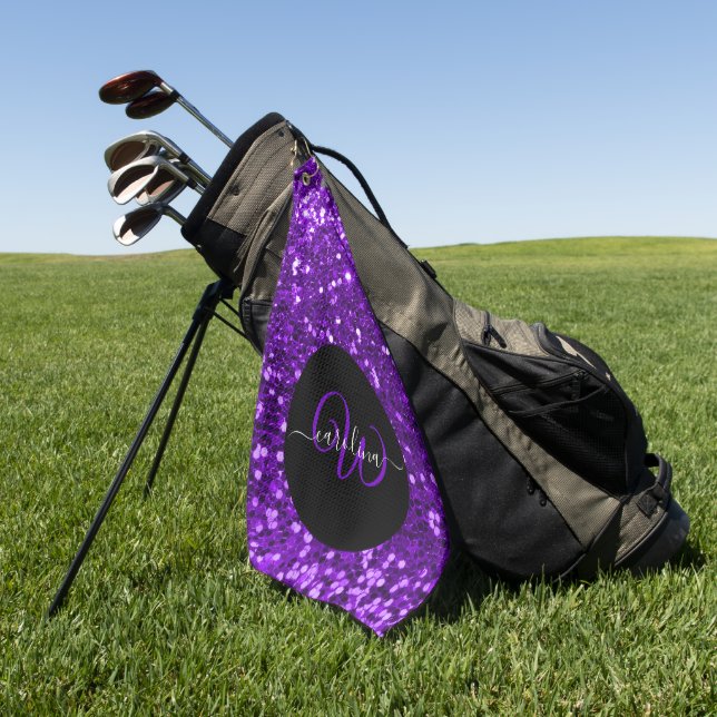Stilvolle Monogramm lila Glitzer schwarz Golfhandtuch (Gras)