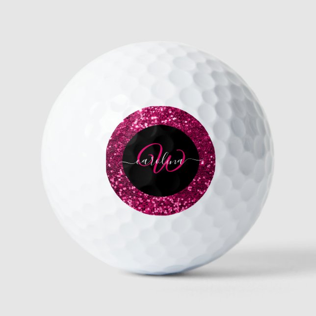 Stilvolle monogramm rosa Glitzer Name schwarz Golfball (Vorderseite)