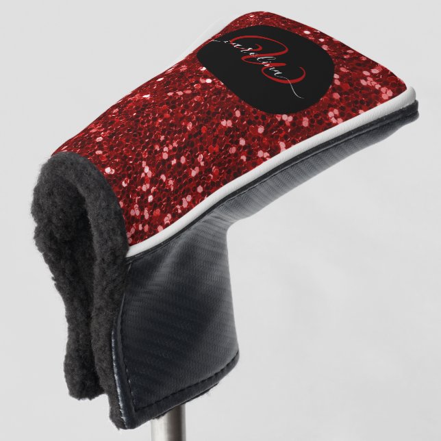 Stilvolle monogramm Roter Glitzer Name Black Golf Golf Headcover (3/4 Vorderseite)