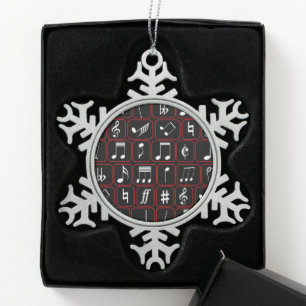 Stilvolle Musiknoten mit roten und weißen geometri Schneeflocken Zinn-Ornament