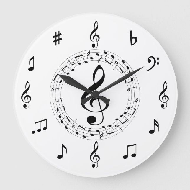 Stilvolle Musiknoten, Schwarz und Weiß Große Wanduhr (Vorderseite)