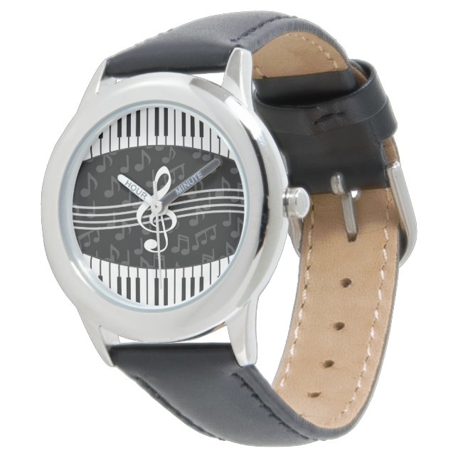 Stilvolle Musiknoten Treble Clef und Piano Keys Armbanduhr (Schrägansicht)