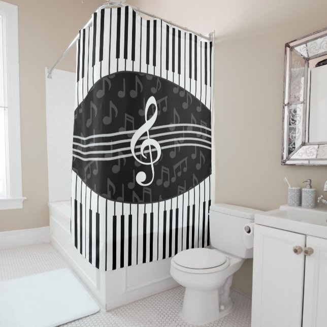 Stilvolle Musiknoten Treble Clef und Piano Keys Duschvorhang (Beispiel)