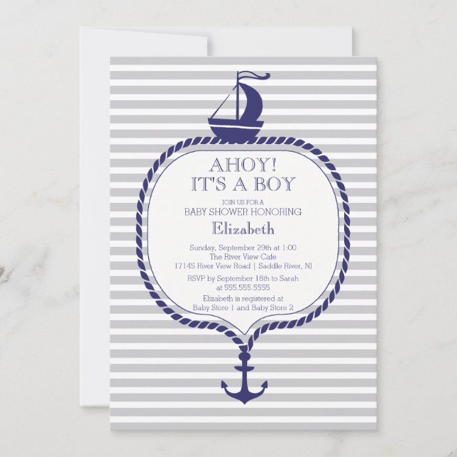 Stilvolle Nautical Gray Blue Sailboat Baby Dusche Einladung (Vorderseite)