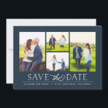 Stilvolle Navy 4 Foto Save the Date<br><div class="desc">Erleben Sie die Liebe und die Neuigkeiten Ihres Datums mit diesem stilvollen Design,  das Ihre Lieblingslieder präsentiert!</div>
