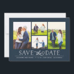 Stilvolle Navy 4 Foto Save the Date<br><div class="desc">Erleben Sie die Liebe und die Neuigkeiten Ihres Datums mit diesem stilvollen Design,  das Ihre Lieblingslieder präsentiert!</div>