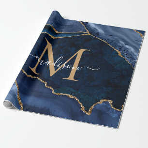 Stilvolle Navy Blue Gold Agate Geode Chic Monogram Geschenkpapier