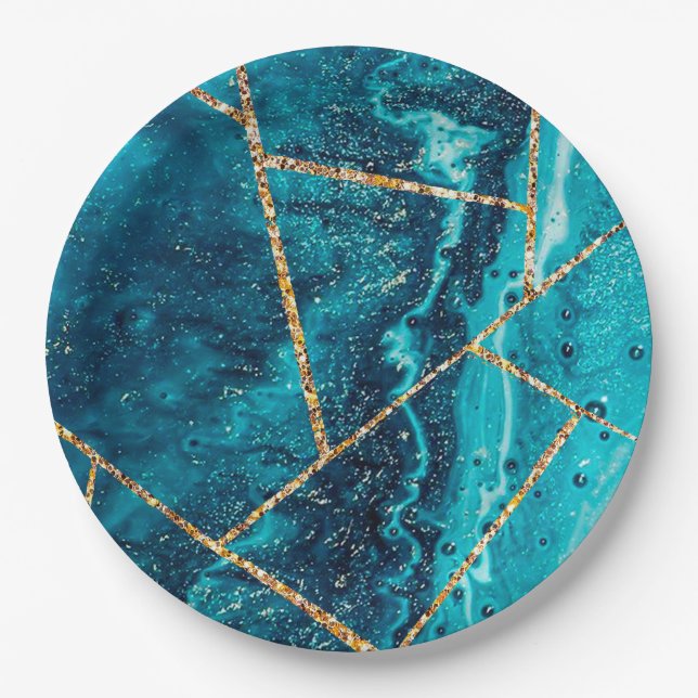 Stilvolle Navy Blue Gold Agate Geode Chic Monogram Pappteller (Vorderseite)