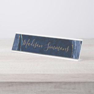 Stilvolle Navy Blue Gold Agate Geode Feminine Scri Schreibtischnamensplakette