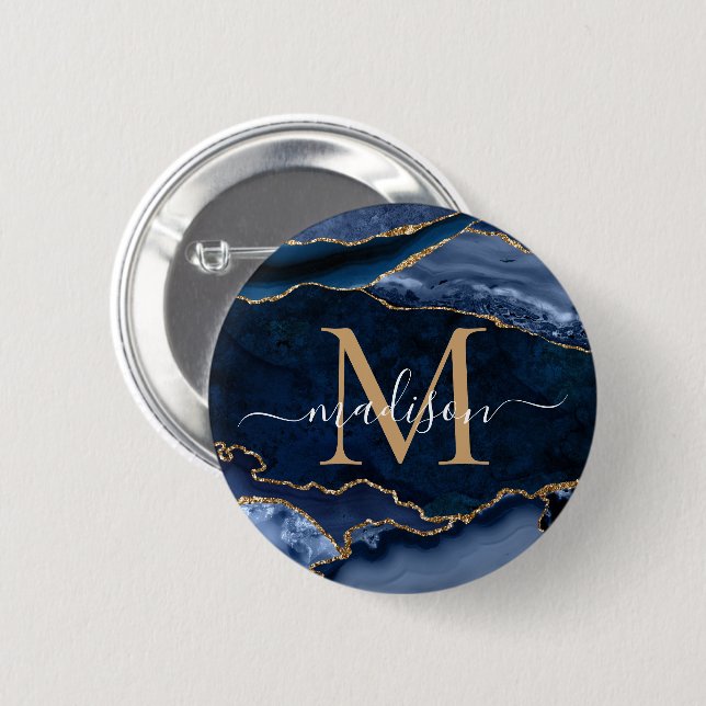 Stilvolle Navy Blue Gold Agate Geode Girly Monogra Button (Vorne & Hinten)