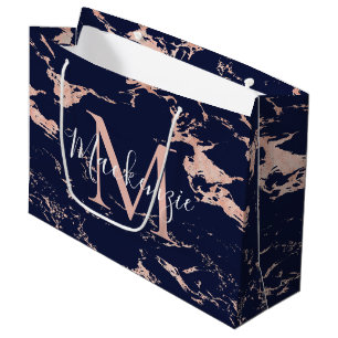 Stilvolle Navy Blue Marmor Rose Gold Foil Monogram Große Geschenktüte