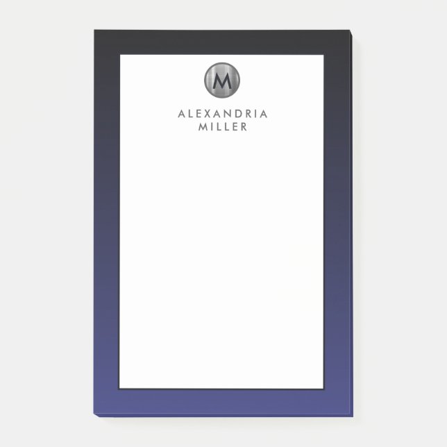 Stilvolle Navy Blue Silver Monogram Post-it Notes Klebezettel (Vorderseite)