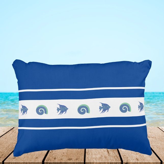 Stilvolle Navy Blue und White Stripes Muscheln Fis Dekokissen (Von Creator hochgeladen)