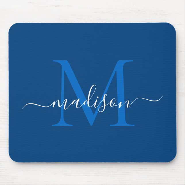 Stilvolle Navy Blue White Monogram Script Modern Mousepad (Vorne)