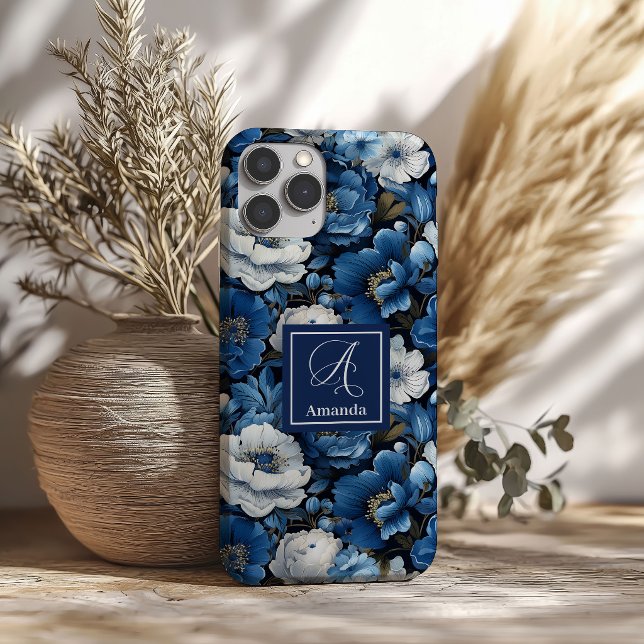 Stilvolle Navy Blumen iPhone Hülle Blaues Blumen D (Stylish Navy Flowers iPhone Case Blue Floral Design)