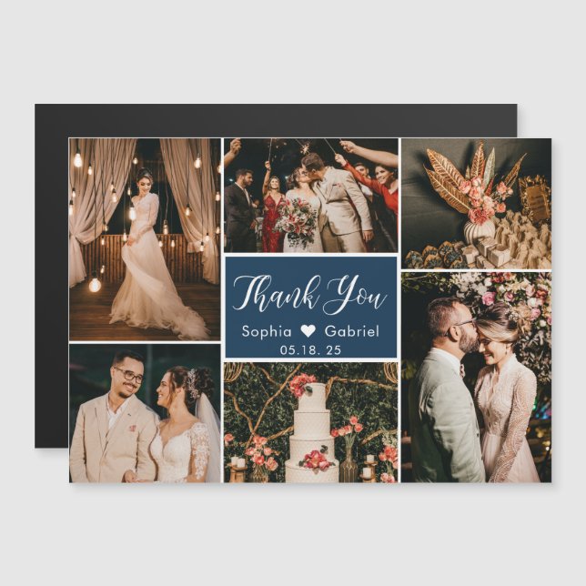 Stilvolle Navy Foto Collage Wedding Vielen Dank Magnetkarte (Vorne/Hinten)