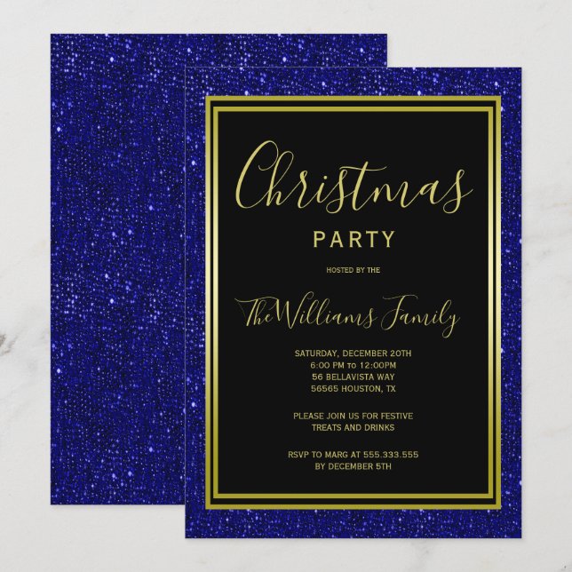 Stilvolle Navy Glitzer, Gold Gerahmtes Weihnachtsf Einladung (Vorne/Hinten)