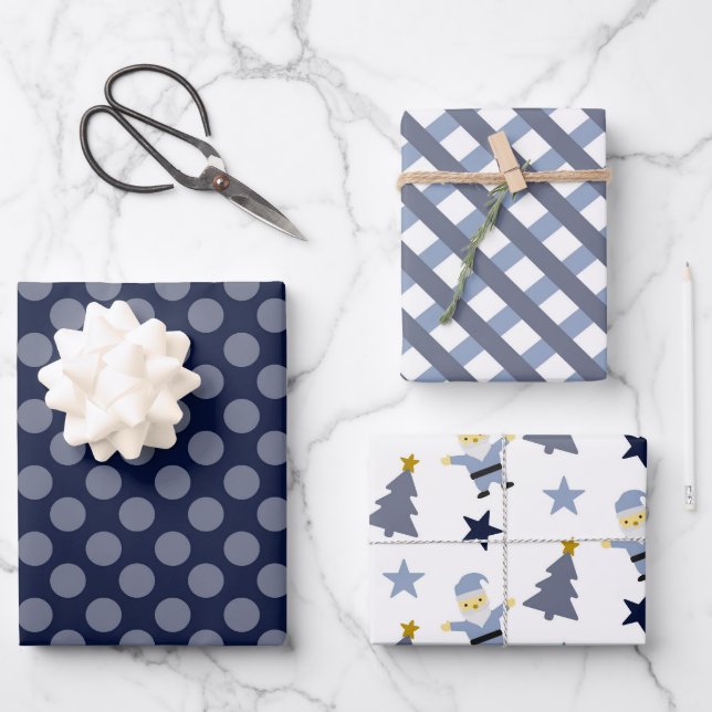 Stilvolle Navy Spot Karierter Weihnachtsbaum Mix T Geschenkpapier Set (Vorderseite)