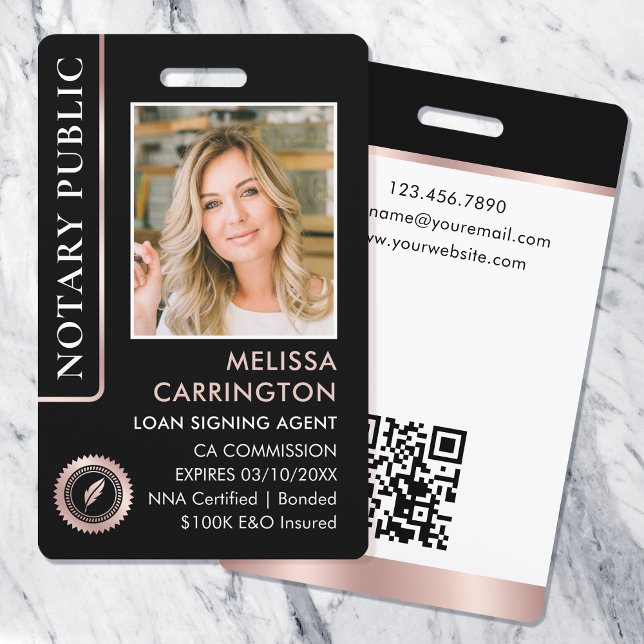 Stilvolle Notary Public Foto QR ID Black Rose Gold Ausweis (Von Creator hochgeladen)