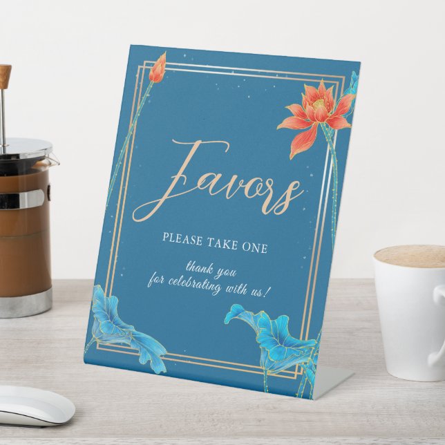 Stilvolle Orange & Blue Wedding Floral Lotus Sockelschild (In SItu)