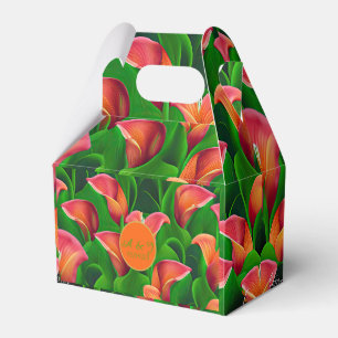 Stilvolle Orange Calla Lilies und grüne Botanicals Geschenkschachtel