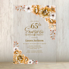 Stilvolle Orange Floral Surprise 65. Geburtstagspa Acryleinladungen