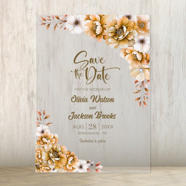 Stilvolle Orange Floral Wedding Save the Date Acryleinladungen (Von Creator hochgeladen)