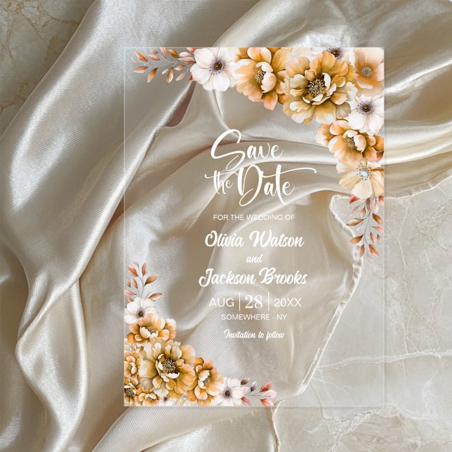 Stilvolle Orange Floral Wedding Save the Date Acryleinladungen (Von Creator hochgeladen)