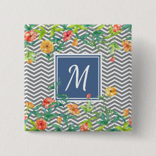Stilvolle Orange Floral Zickzack Chic Blue Monogra Button