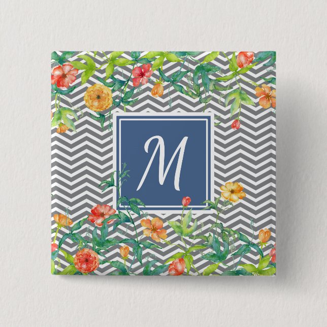 Stilvolle Orange Floral Zickzack Chic Blue Monogra Button (Vorderseite)
