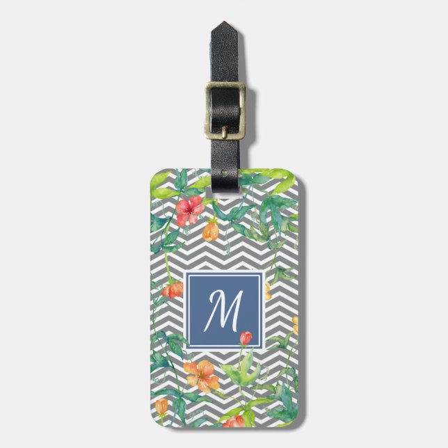 Stilvolle Orange Floral Zickzack Chic Blue Monogra Gepäckanhänger (Vorderseite vertikal)