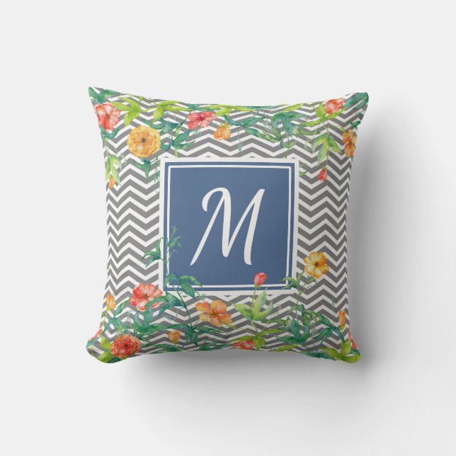 Stilvolle Orange Floral Zickzack Chic Blue Monogra Kissen (Vorderseite)