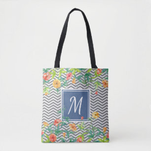 Stilvolle Orange Floral Zickzack Chic Blue Monogra Tasche