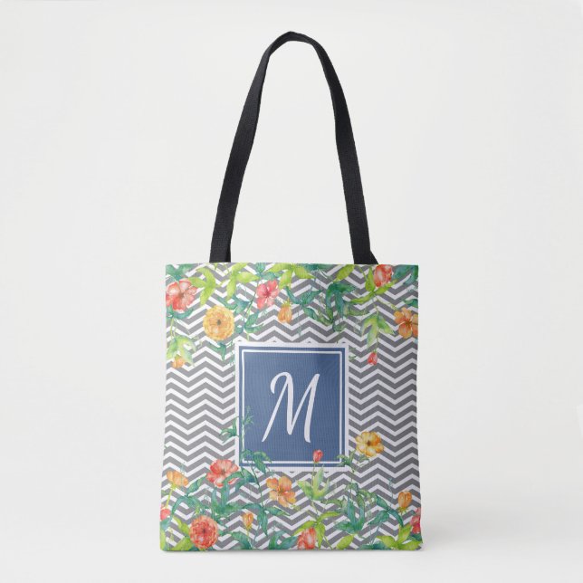 Stilvolle Orange Floral Zickzack Chic Blue Monogra Tasche (Vorderseite)