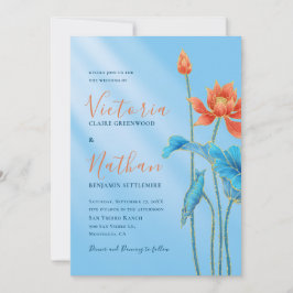 Stilvolle Orange Lotus Blume Blue Wedding Einladung