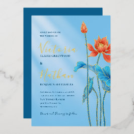 Stilvolle Orange Lotus Blume Blue Wedding Folieneinladung