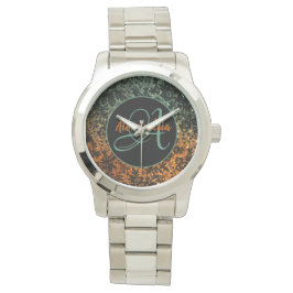 Stilvolle Orange- und Green Black Floral Monogram Armbanduhr