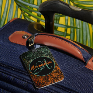 Stilvolle Orange- und Green Black Floral Monogram Gepäckanhänger